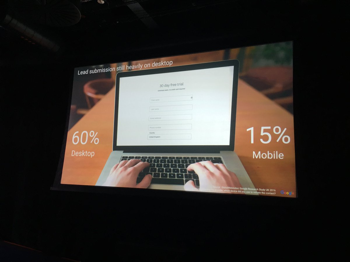 busbyjon's tweet photo. How can you make your buyers life easier? Only 15% perform lead submission on mobile - but 60% on desktop #b2bgoogle @b2buk https://t.co/qc5btxtWRD