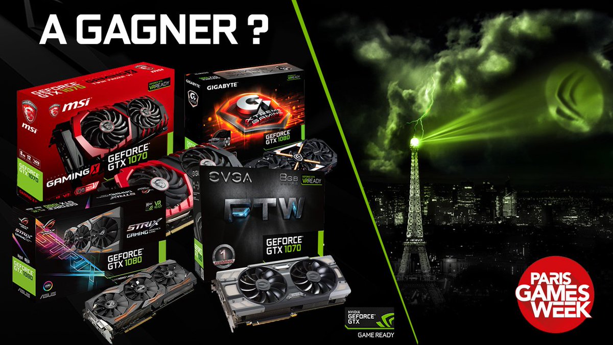 NVIDIAGeForceFR's tweet photo. 4 GeForce GTX Série 10 à gagner pendant la #NVIDIAPGW ca vous dirait ? Objectif 400 #RT, GO!
@msifrance @asus_rog_fr @evgafrance @gigabytefr https://t.co/DikBD93xV5