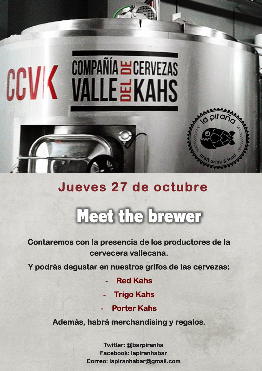 BarPiranha's tweet photo. Este JUEVES los cerveceros de la Compañía Valle del Kahs regresan a Guzmán el Bueno,81 con sus cervezas ON TAP: RED, TRIGO Y PORTER https://t.co/WdlxBGe9qT
