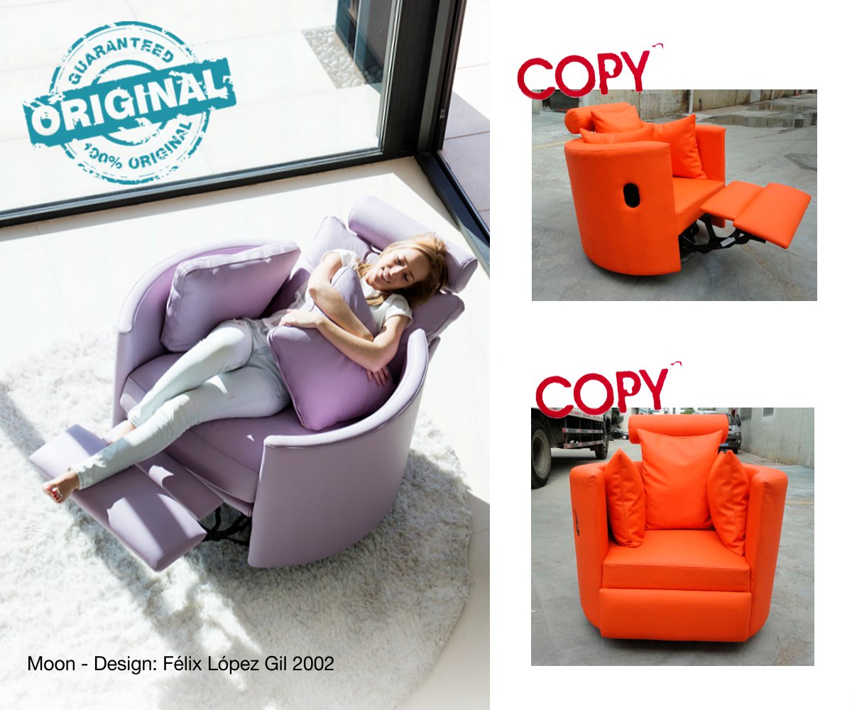 Moon, sillón con diseño de Félix López Gil 2002 junto a una copia china. <a href="/YoSoyOriginal_/">Yo Soy Original</a> #ConsumeOriginal