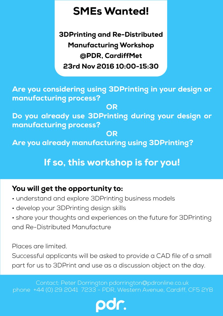 PDR_Prototyping's tweet photo. SMEs wanted! #3Dprinting and redistributed manufacture workshop
Email Pete to get involved! https://t.co/uvTpEel3yv