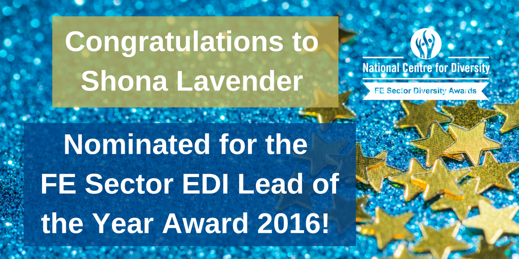 NCFDiversity's tweet photo. Congratulations to Shona Lavender at @CalderdaleCol on being nominated for #FE Sector #EDI Lead of the Year  2016! https://t.co/TxynJipJGy
