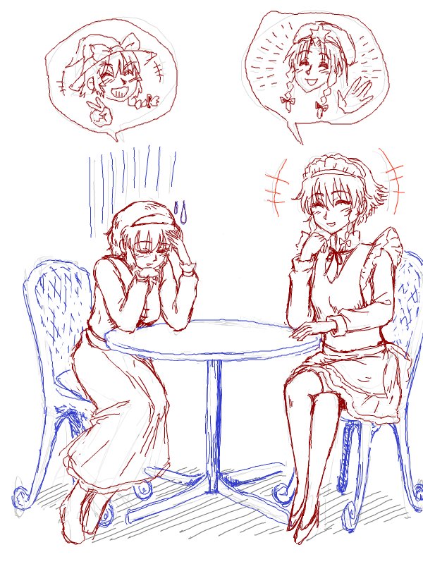 久しぶりのドロワーで描いたアリスと咲夜(&魔理沙と美鈴)
アリスと咲夜が話してる内容は各自で自由に想像してください。
もうあきらめろん
#深夜の真剣お絵描き60分一本勝負
