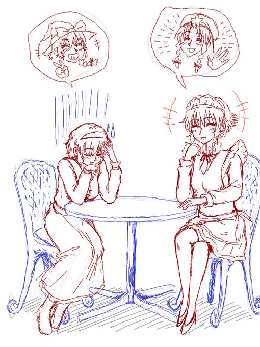久しぶりのドロワーで描いたアリスと咲夜(&魔理沙と美鈴)
アリスと咲夜が話してる内容は各自で自由に想像してください。
もうあきらめろん 
#深夜の真剣お絵描き60分一本勝負 