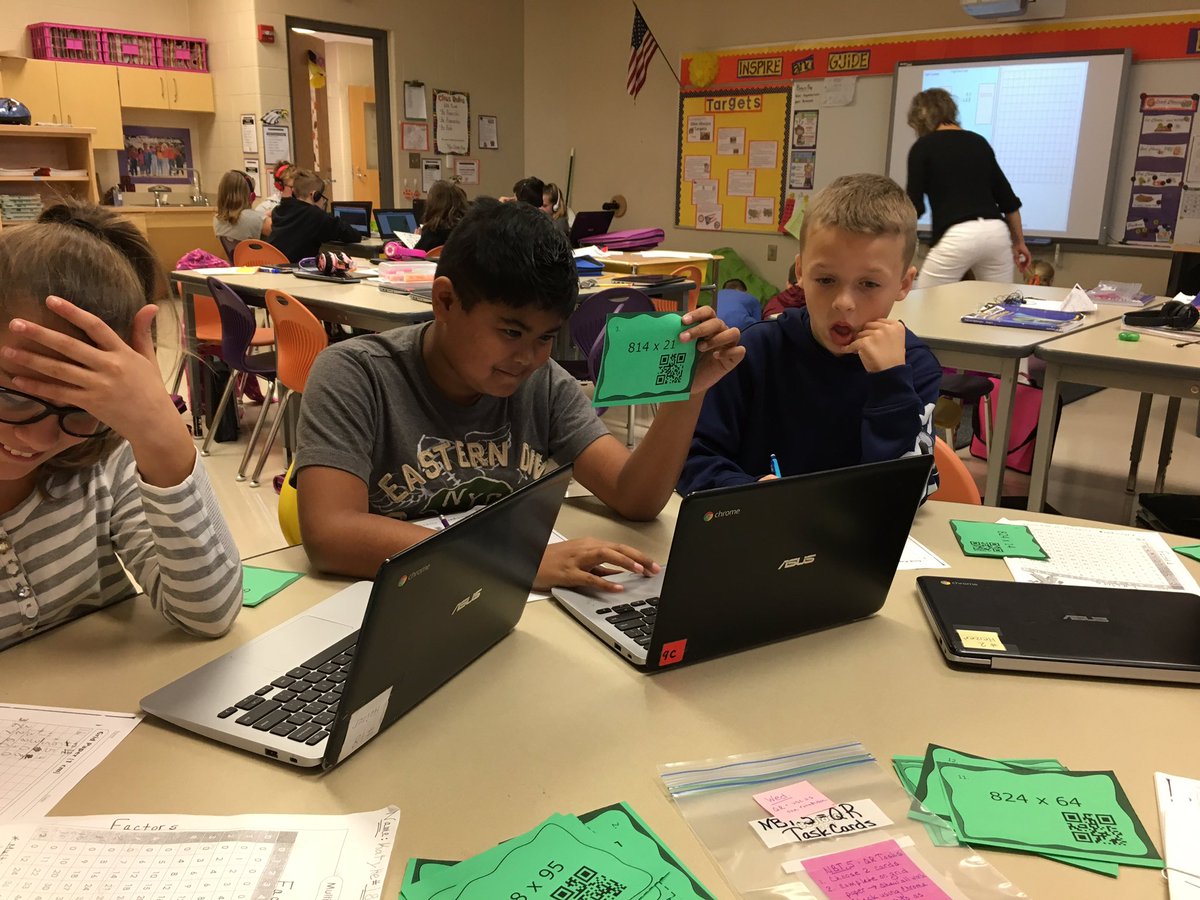 mrsplowmangre's tweet photo. Using QR codes to check 3 digit by 2 digit multiplication problems. #cotaughtmath #bwls2020 #4thgraders https://t.co/BrKXjvjq6P