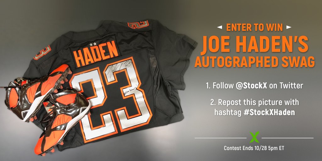stockx's tweet photo. Follow @StockX &amp; retweet this pic w/ #StockXHaden to win @joehaden23 's signed swag. Info: https://t.co/Lc1Ym7NUEc. Entries due 10/28 5pm ET https://t.co/lxEIGMHobP