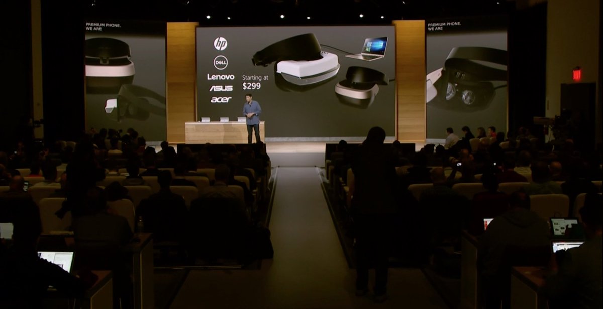 WIRED's tweet photo. Microsoft announces Creators Update VR headsets with multiple hardware partners. Options will start at $299: https://t.co/zj5ZTMJsK4 https://t.co/4DxVuc4qx6