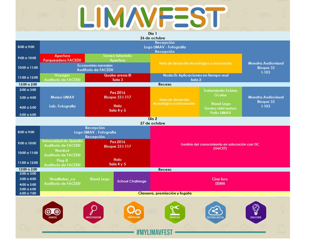 planbmonteria's tweet photo. Esta es la programación para hoy y mañana de @LIMAVFEST: Gamers, investigación, innovación, robótica, cultura digital, challengue! https://t.co/aCHGrR5wEz