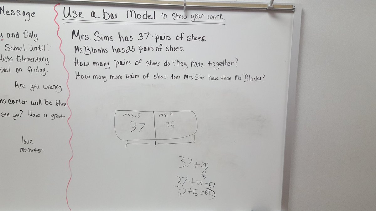 carter_ABLHICKS's tweet photo. One of my 2nd grade students got her math word problem correct. Bar model correct. #ABL #exercisegrowsbraincells @HicksTigers https://t.co/k15AK6YKfZ