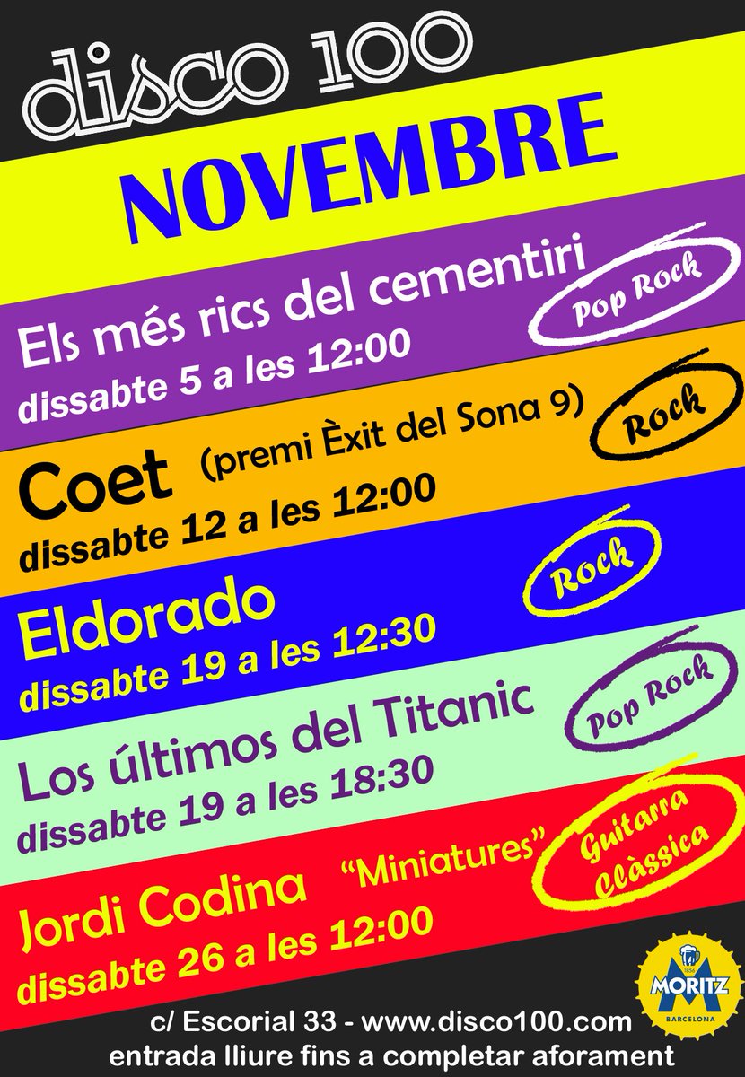 Nuestra cartelera de #PetitsConcerts para noviembre patrocinada x Moritz: Els + Rics del Cementiri, Coet, Eldorado, Los Últimos del Titanic