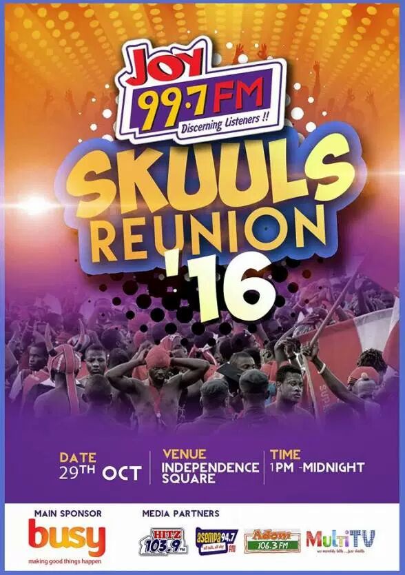 Adom1063fm's tweet photo. It's this Saturday sharp. #SkuulsReunionBusy4G #AdomWorknHappiness. https://t.co/d709CHNHHy