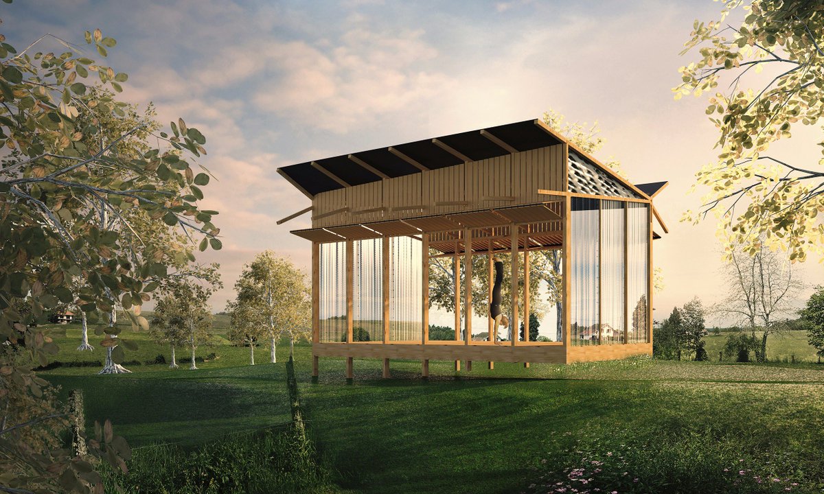 gruffarchitects's tweet photo. Our concept design for a #yoga #sala in France. Flexible movable walls for inviting in the landscape of Dordogne. #gruffprototypes https://t.co/mtfYVC9FKt