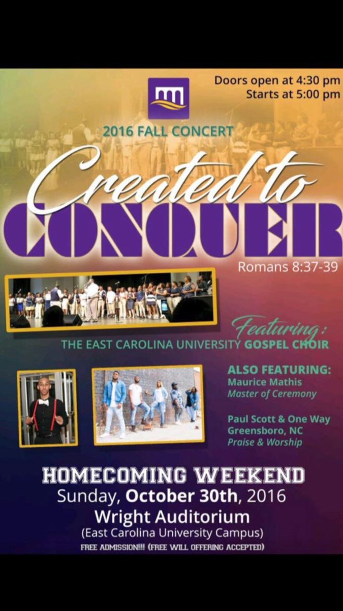 ecublackalumni's tweet photo. #CreatedToConquer 
Come out on Sunday Afternoon and Support @ecugospelchoir #Homecoming2016 https://t.co/yGBpqu9l2X