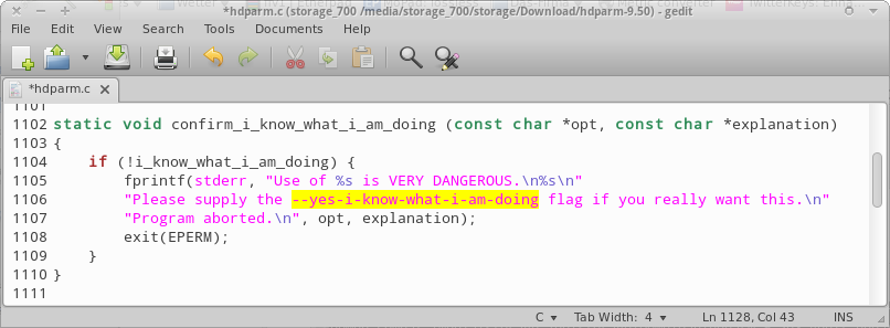 pjotrek_b's tweet photo. A "#YesIKnowWhatIAmDoing" option should be in EVERY program on earth!
#hdparm devs have understood that and taken the first step: https://t.co/v6BTwK9mRI