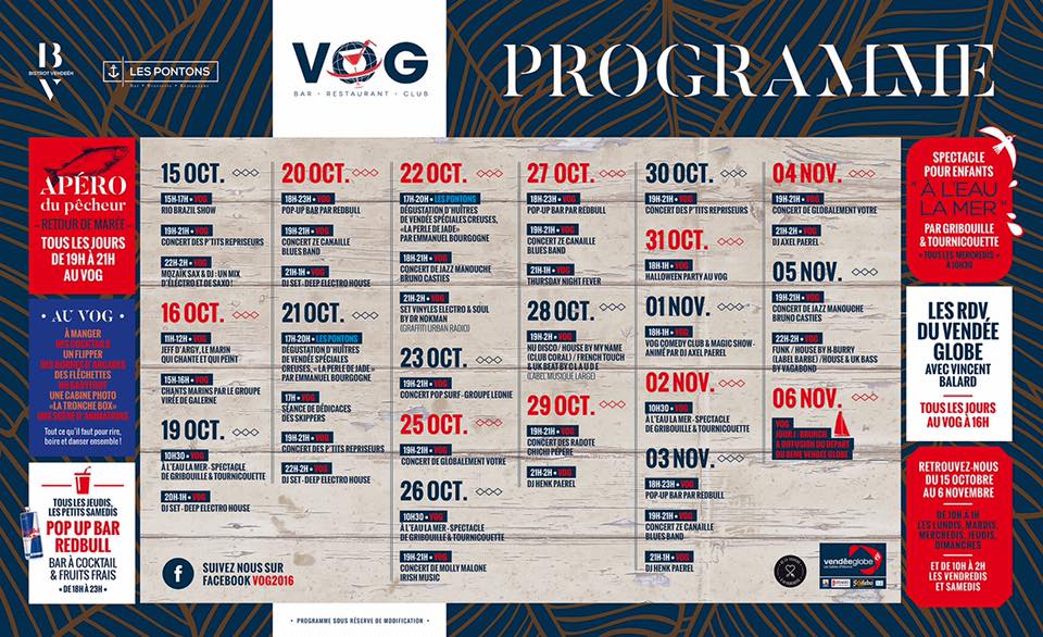 VendeeGlobe's tweet photo. Vous avez prévu de venir au Village Officiel du #VG2016 ? Le VOG vous présente son programme ! #VOG2016 https://t.co/c4hMXjL44J