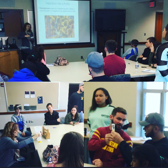 PeakeCMJ's tweet photo. Getting ready for the Kirk Bloodsworth event. CMJ students getting a DNA lesson from Dr. Cunningham #peakecriminaljustice #chesapeakecollege https://t.co/cv2o70oR3R