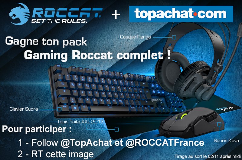 TopAchat's tweet image. #concours 🎁

On n'a pas l'temps ici ! 
RT &amp;amp; Follow @TopAchat + @ROCCATFrance pour gagner un setup Gaming complet qui pèse ! 🍀