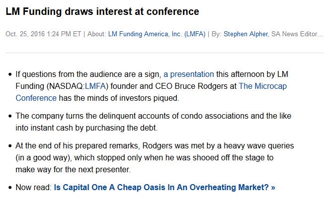 WealthMakersLtd's tweet photo. @LMFunding $LMFA well received at recent conference according to @SeekingAlpha Read here: https://t.co/hCbQQWzAAP #insiders buying stock https://t.co/nzKIqFd6nK