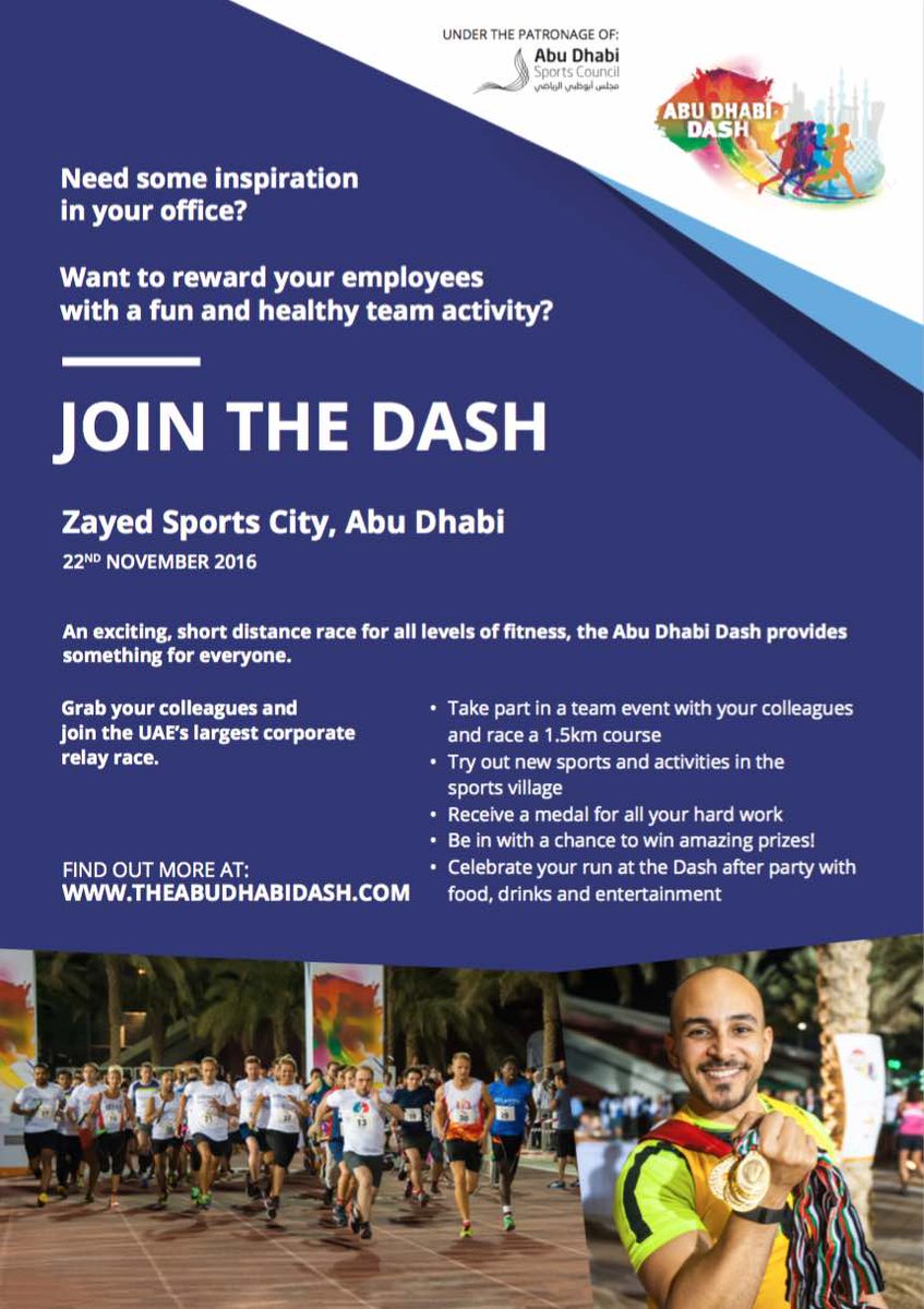 racethedash's tweet photo. Join AD's first team relay race 22 Nov @ZayedSportsCity! Open to govt & corporates #abudhabi #abudhabisport #uaerun https://t.co/rjoYQhbPVc