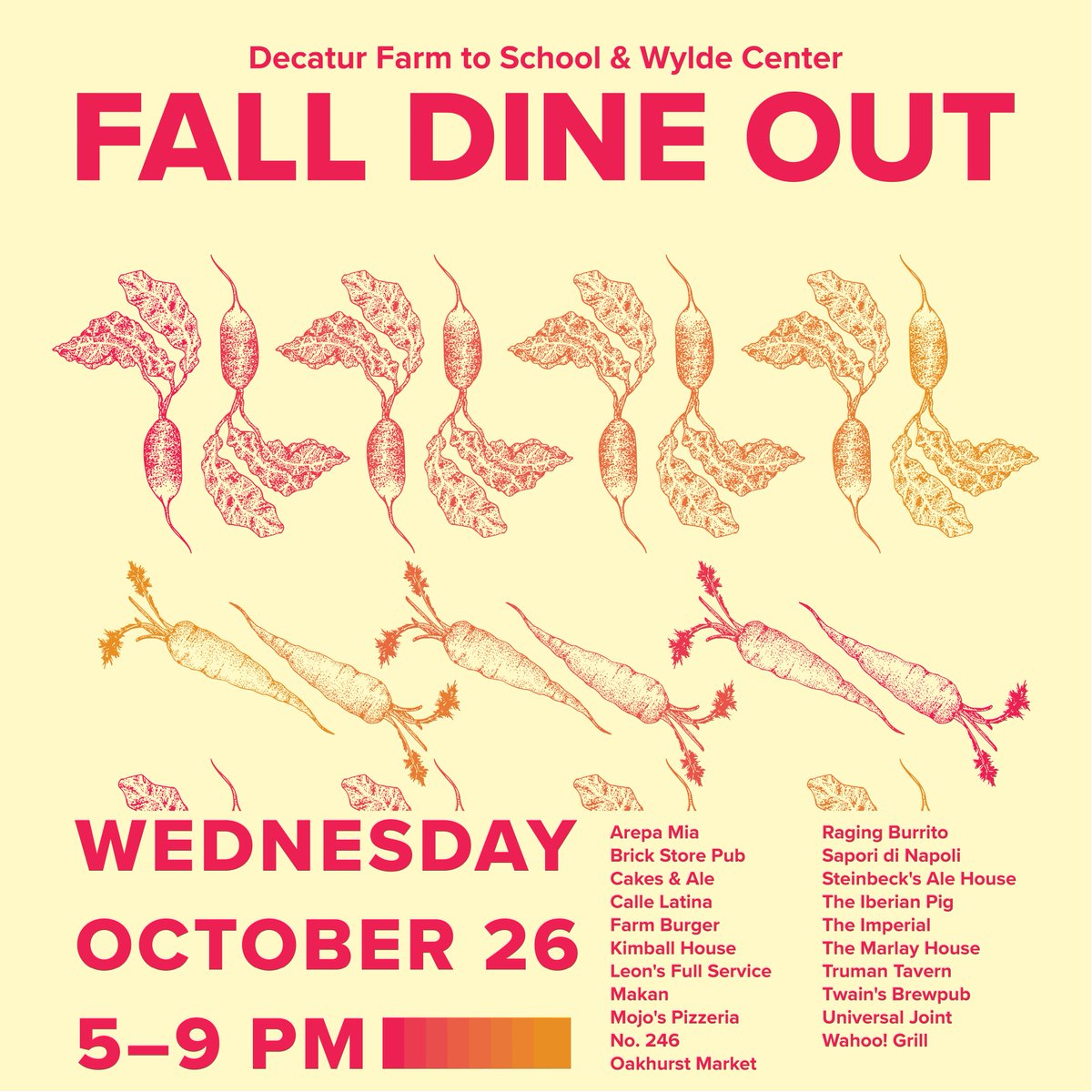 <a href="/decaturf2s/">Decatur F2S</a> Dine Out is tonight! 21 restaurants! <a href="/FBDecatur/">Farm Burger</a> <a href="/kimballhousebar/">Kimball-House</a> <a href="/leonsdecatur/">Leonsfullservice</a> <a href="/TaiyoRamen/">Taiyo Ramen</a> <a href="/MojoPizzaNpub/">Mojo Pizza</a> <a href="/no_246/">No. 246</a> #falldineout
