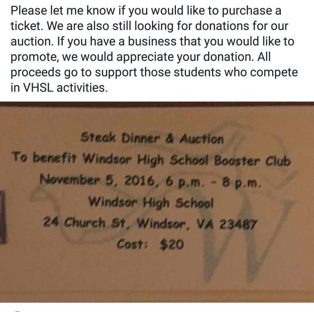 WHSBoostersVA's tweet photo. Please Help-Come out, Support, Donate Items, Date Night!!!!! Booster Club Steak Dinner &amp; Auction https://t.co/fcmq47P2mJ