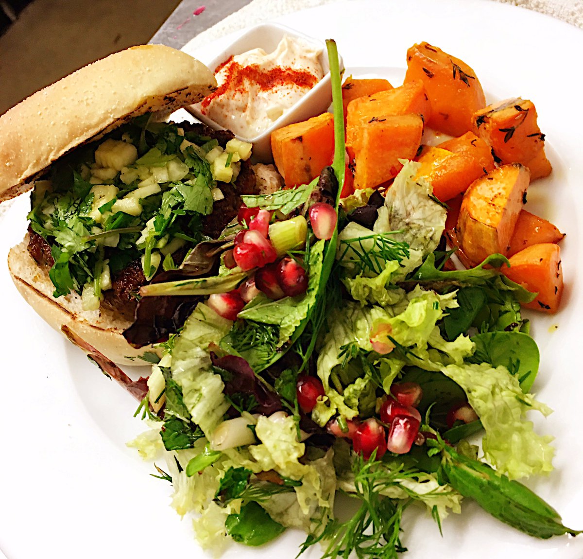 Verdita burger, pomegranate &amp; herb salad; honey-roast sweet potatoes, chilli &amp; thyme. Yours with a beer or vino for just £10!!