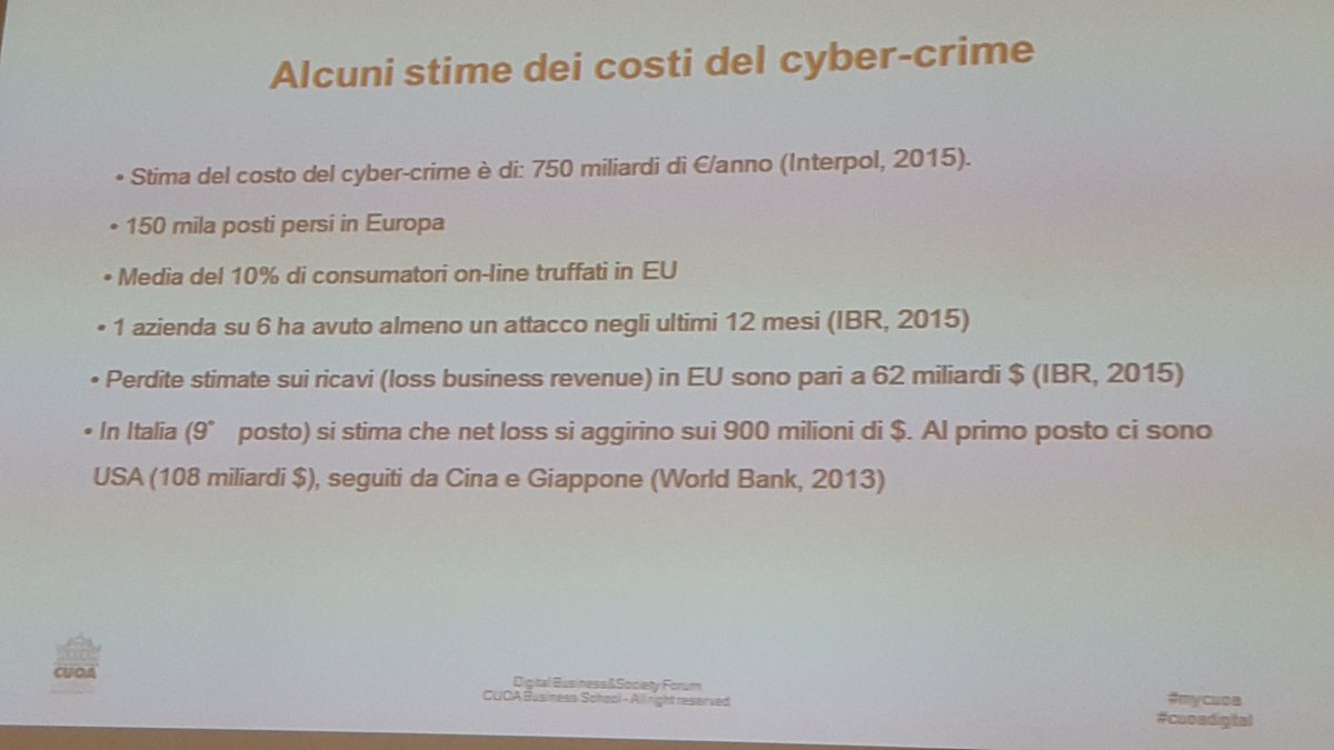 andpellizzari's tweet photo. In Italia si stima perdite da #cybercrime si aggirino sui 900 milioni $ (World Bank, 2013) #cuoadigital #mycuoa #digitalsociety https://t.co/1OqlOD0IUk