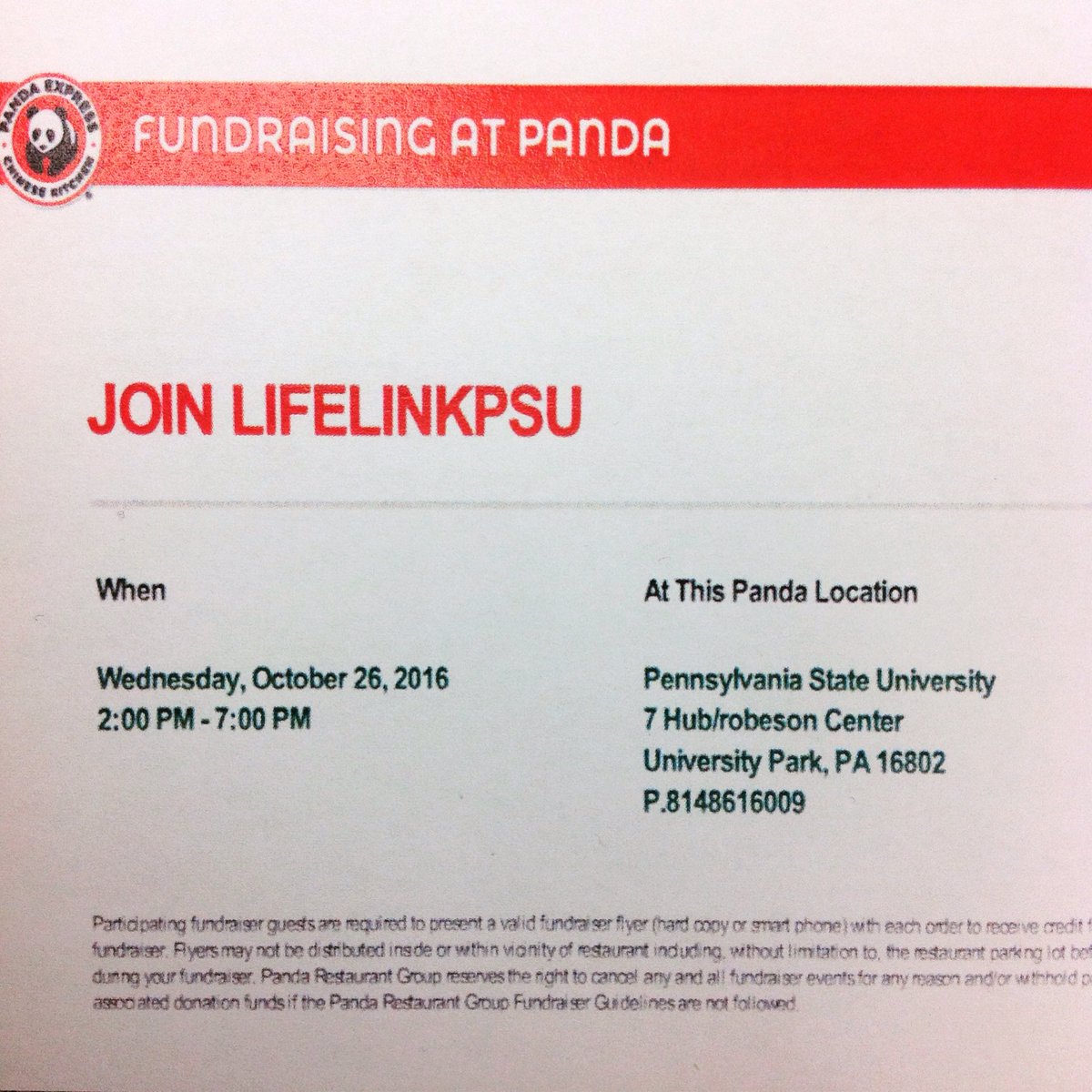 LifeLinkPSU's tweet photo. Come out and support #LifeLinkPSU by eating at Panda Express today from 2-7pm! Present this coupon to receive credit! #WeAre https://t.co/er7pvdVQrp