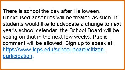 fcpsnews's tweet photo. See below re: school the day after Halloween. https://t.co/H9KtfFWuav #YouNeedtoLetItGo https://t.co/BNr5iNtmXo