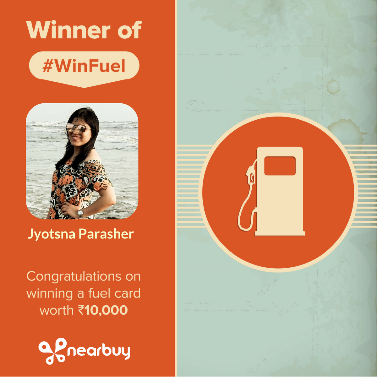 nearbuy's tweet image. Congrats Jyotsna on winning fuel worth 10,000! Last 2 winners to be  announced on 29th Oct &amp;amp; 1st Nov. #WinFuel here: nrb.uy/FreeFuelT1