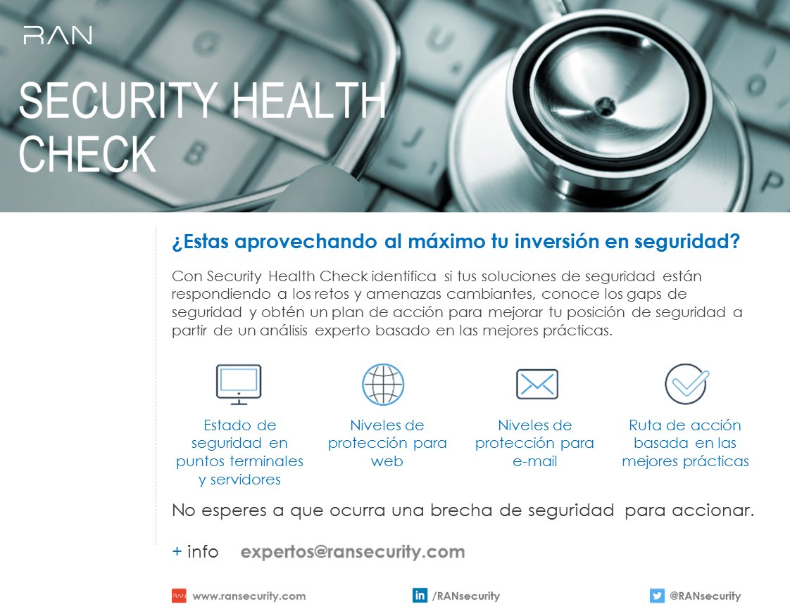 RANSecurity's tweet photo. Conoce #SECURITYHEALTHCHECK y detecta gaps de seguridad. Obtén un plan de accion #informationsecurity #RANsecurity #ITServices https://t.co/GqElrcPnNY