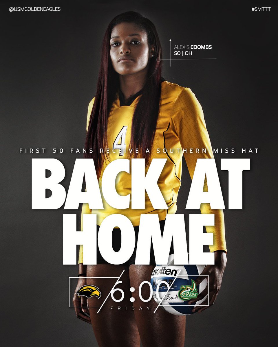 .<a href="/SouthernMissVB/">Southern Miss Volleyball</a> is Back at Home this Friday at 6 p.m. against Charlotte in Reed Green Coliseum! #SMTTT