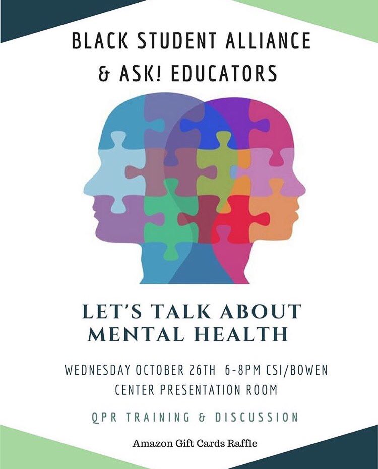 JWUBSA's tweet photo. Join us tonight in the Bowen Presentation Rooms at 6 for an open discussion on #minoritymentalhealth  and get QPR trained! #JWUBSAWEEK https://t.co/GcA1opKwss