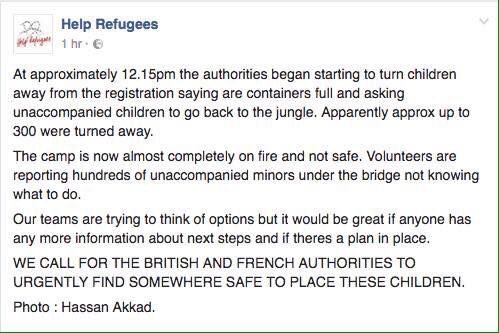<a href="/lilyallen/">Lily Allen</a> Please RT:
CRITICAL: 300 minors returned to burning camp as no container overflow.URGENT solution required  #DubsNow #Calais