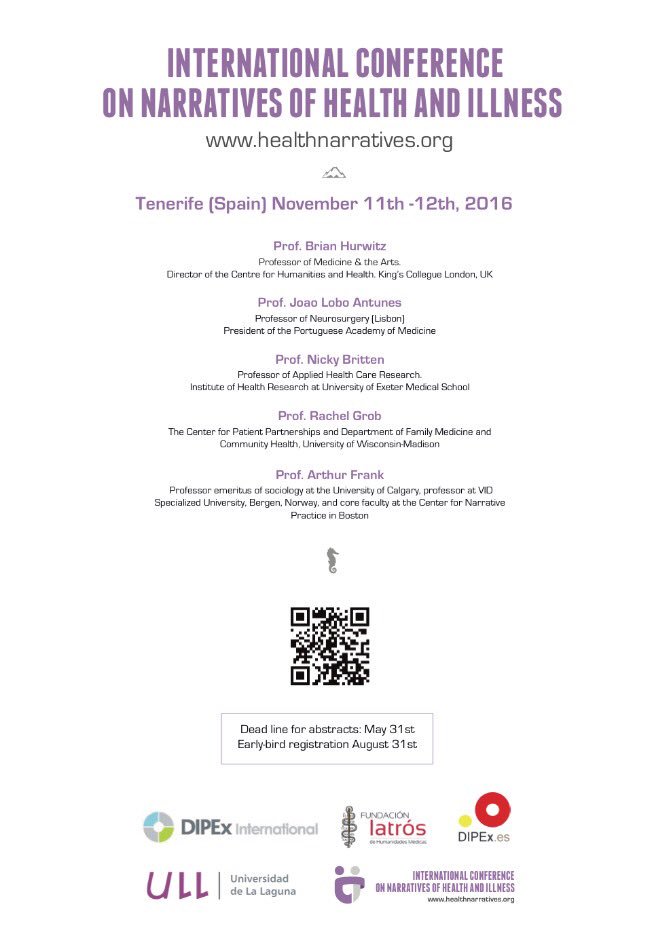navarrotradmed's tweet image. International Conference on Narratives of Health and Illness
Tenerife 🇪🇸: @DIPExIntl &amp;amp; @CanalUL, 11-12 November
healthnarratives.org/en/