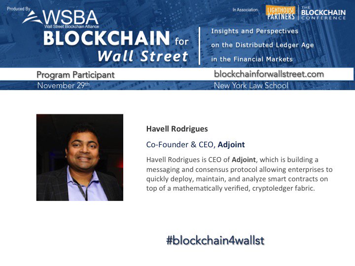 Blockchain4Wall's tweet photo. Honored to have Havell Rodrigues of @adjoint_io join our Blockchain for Wall Street program #blockchain4wallst #smartcontracts #Fintech #DLT https://t.co/KUi2T2lNK4