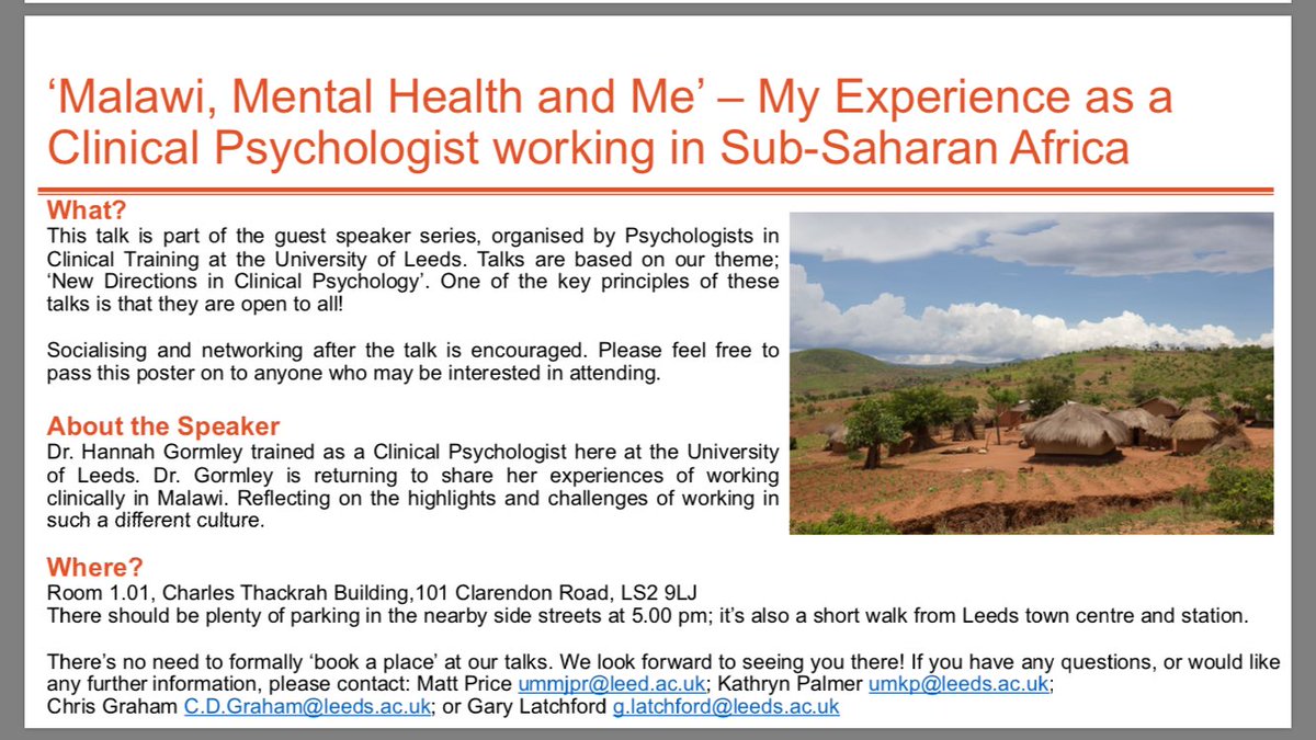 "Malawi, mental health and me". Guest speaker series: Dr Hannah Gormley, Monday 28 November, 5pm #dclinpsy