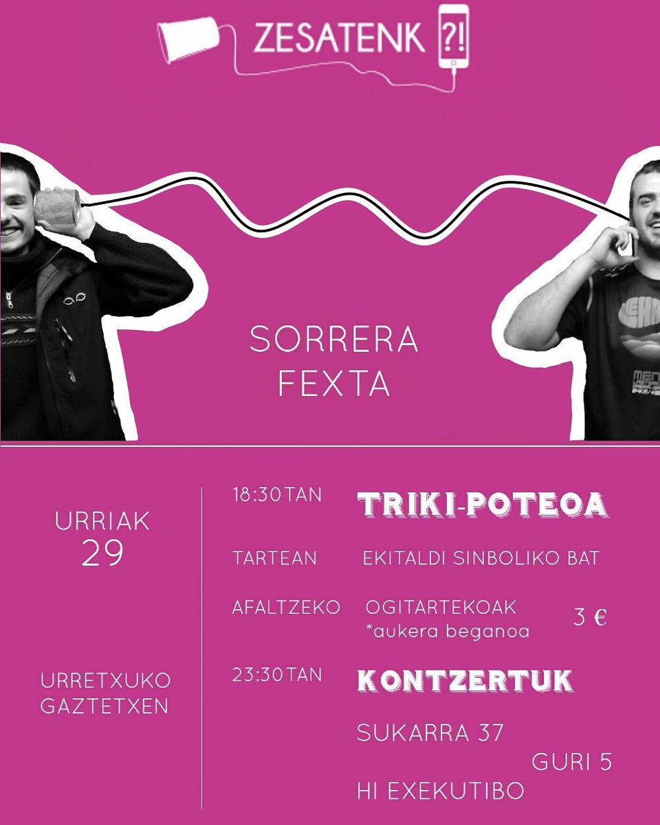 laister gatoz bueltan!Larunbat hontan Urretxuko gaztetxen eongo gea zesatenk en sorrera festan, <a href="/Sukarra37/">Sukarra37</a> ta #HiExekutibo kin batea!Animau!