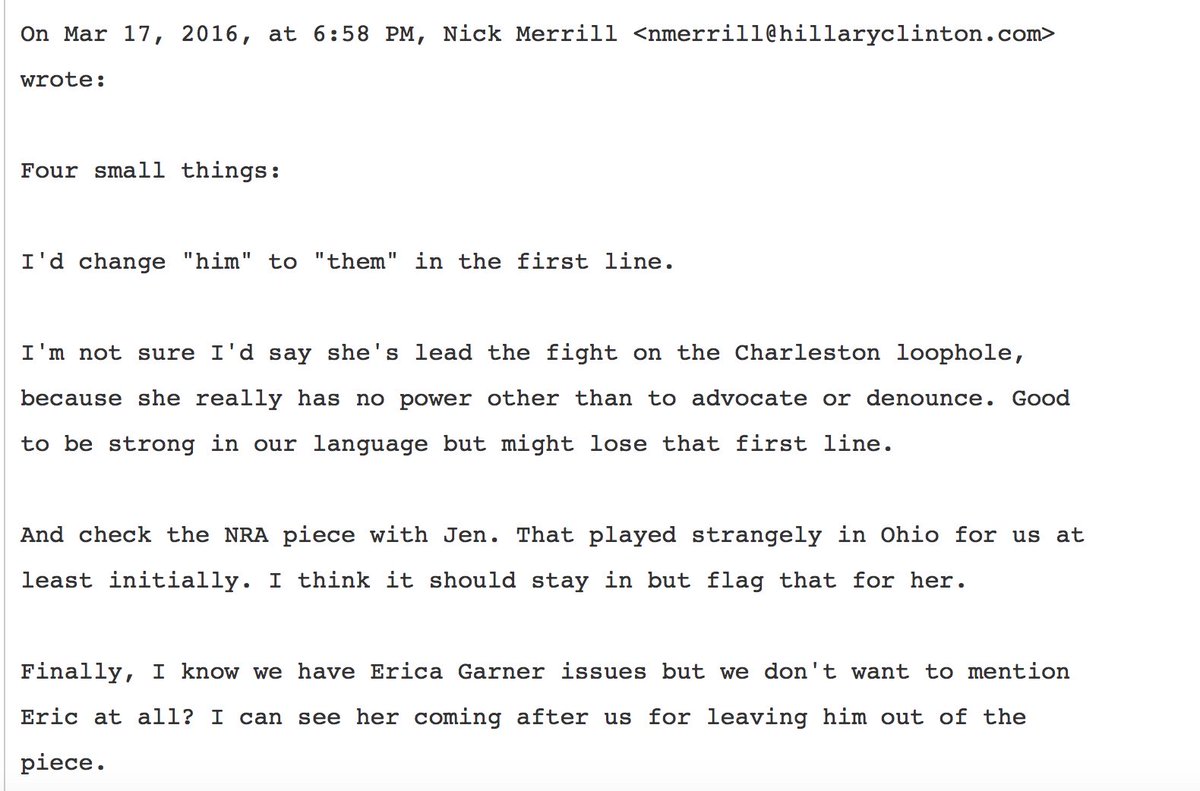 JordanChariton's tweet image. In @HillaryClinton op-ed (that she didn't write) camp says "I know we have Erica Garner issues-can see her coming after us" #PodestaEmails19