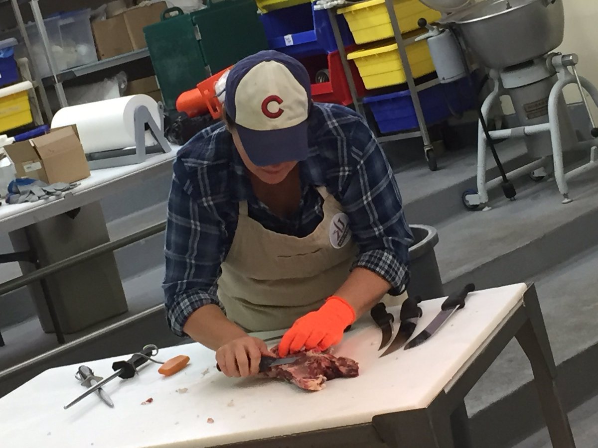 AmericanAgNet's tweet photo. A Woman in Charge with a Knife. @Kariunderly #NDSUMeatLab #NDBeef https://t.co/VDmqf3RjRH