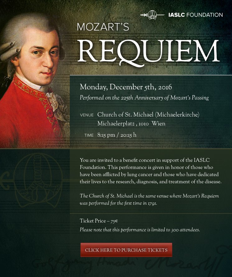 IASLC's tweet photo. We're hosting an exclusive performance of Mozart's Requiem at #WCLC2016! Proceeds benefit #IASLCFoundation. Tickets: https://t.co/x0mLxuBdBS https://t.co/e0OBwJO8JD