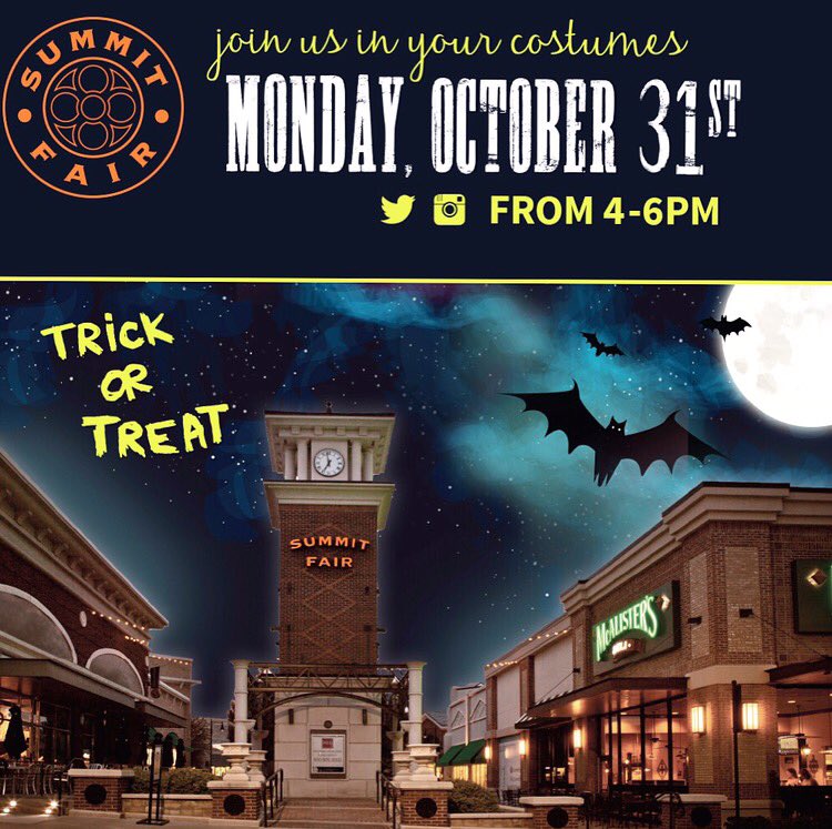 SummitFair's tweet photo. Trick-or-Treat with the SF merchants from 4-6PM on Oct. 31st! Happy Shop-o-ween! 👻🎃🍬 | #ShopSummitFair #Halloween #TrickorTreat #LeesSummit https://t.co/il8Dyv5RDA