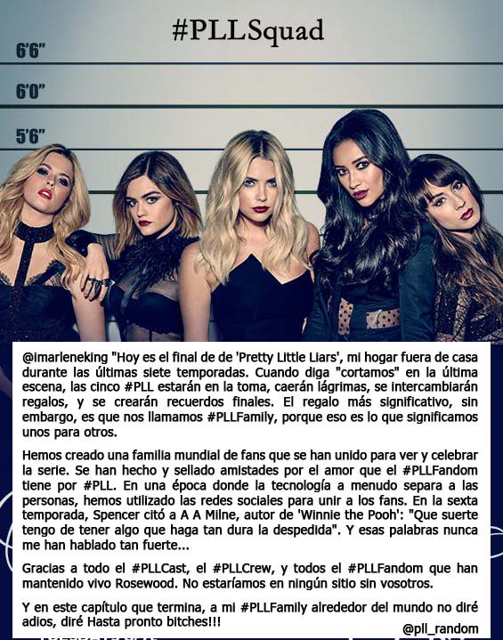 PLL_random's tweet photo. #INFO #PLL

@imarleneking:

Gracias al #PLLCast y #PLLFandom que han mantenido vivo Rosewood
No diré adios, diré Hasta pronto bitches!! https://t.co/Rf4pbleeo7