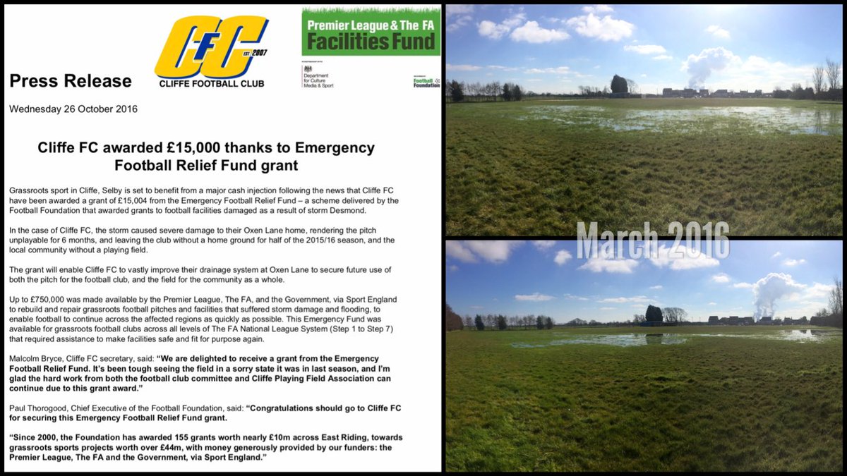cliffefc's tweet photo. Cliffe FC awarded £15,000 thanks to Emergency Football Relief Fund grant. @FootballFoundtn @EastRidingFA @CliffePFA
https://t.co/f21cjYE5xS https://t.co/FIdu9gTmJJ