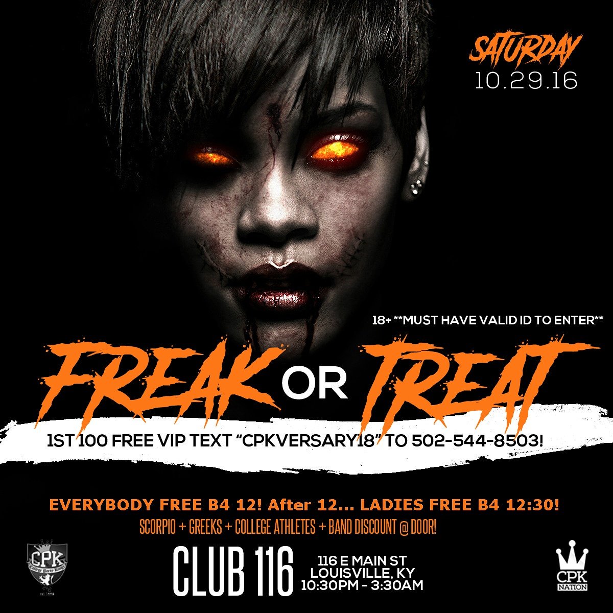IamDjMrYeah's tweet photo. THIS SAT! CLUB 116, LOU-KY! EVERYBODY FREE B4 12!
After... LADIES FREE B4 12:30!
#CPKVERSARY18 #CPKNATION @CPKNATION https://t.co/0dEcgLn0rx