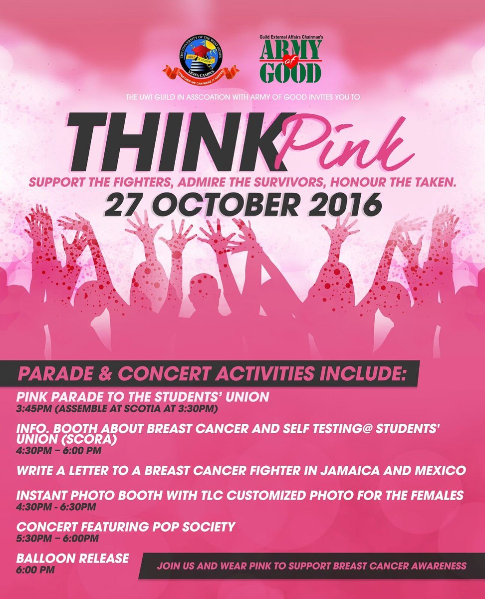 UWIMonaGuild's tweet photo. The Army of Good #ThinkPinkParade is tomorrow!
See attached for list of parade & concert activites! #BreastCancerAwarenessMonth ππ https://t.co/i3VqARHGJr
