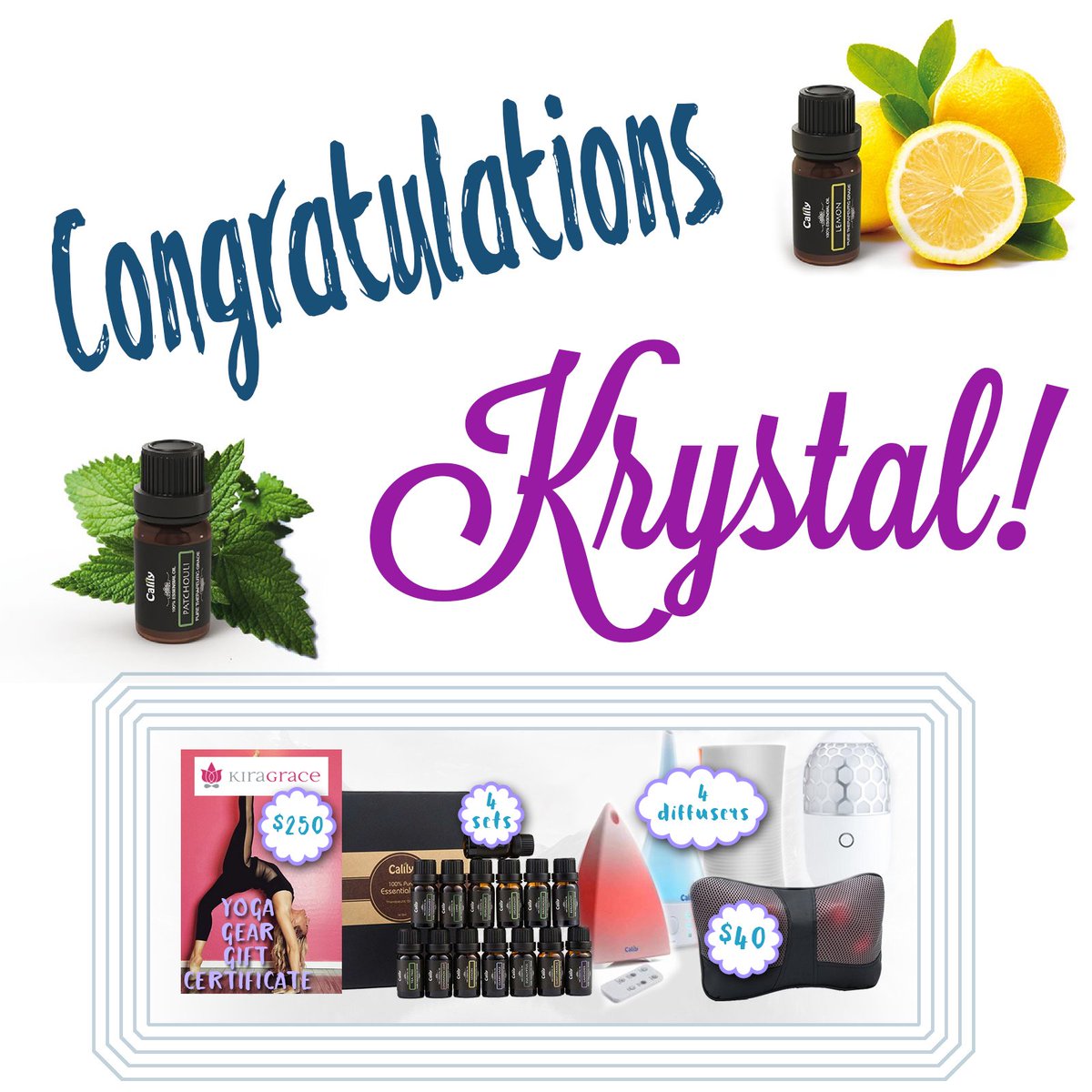 CalilyLife's tweet photo. Congratulations to Krystal, the winner of our... #essentialoils #diffuser #yoga #yogagear #massage @kiragrace 
https://t.co/6IIJYYT3ll https://t.co/SrdkJBqWKW