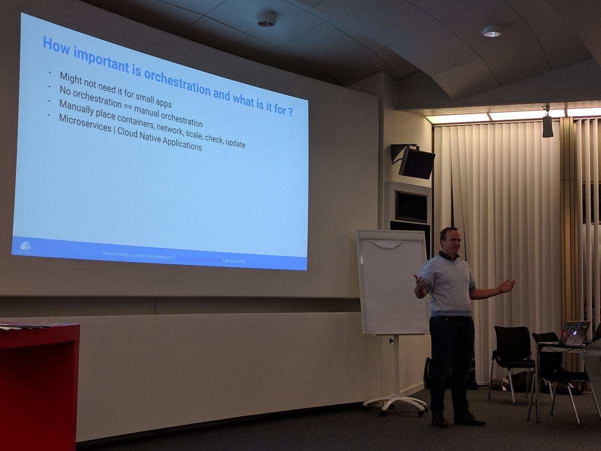 tphilipona's tweet photo. .@michmueller_ from @containersoluti is talking about container orchestration framework comparison #dockerCH @kubernetesio, @docker https://t.co/8lvU5vu7bF