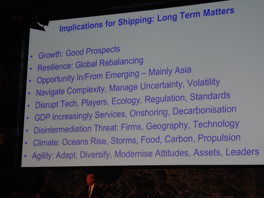 LenaGothberg's tweet photo. Those are the challenges you need to deal with in order to be part of the future of #shipping says @ian_goldin #DMF16 https://t.co/mg3nJEUJIN