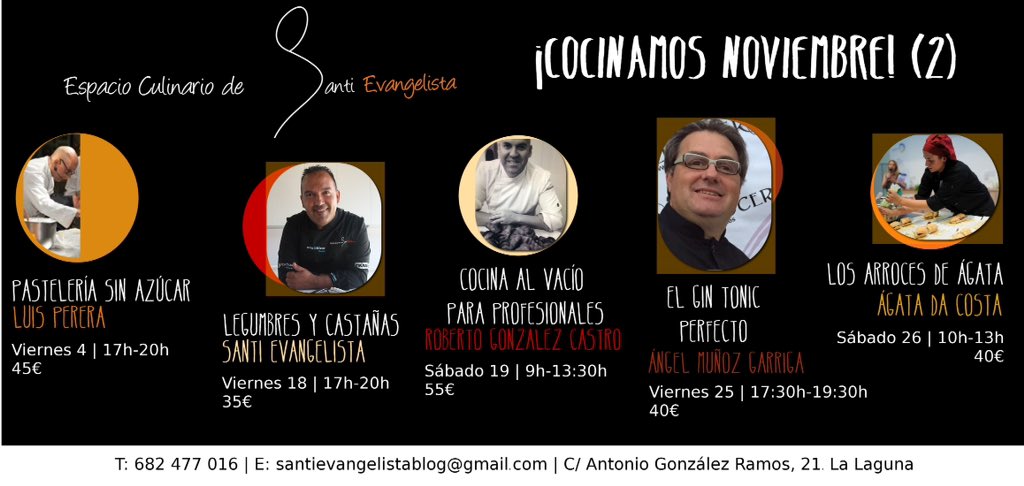 SantiEvanChef's tweet photo. Nuevos cursos de cocina en el Espacio Culinario! #LaLaguna @DegustaLaLaguna #Gastronomia #cocina #cursoscocina #noviembre https://t.co/lri454RLzM